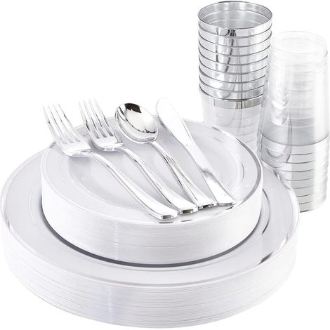 150-Piece Reusable Silver Plastic Dinnerware Set: 25 Dinner Plates, 25 Salad Plates, 25 Knives, 25 Forks, 25 Spoons, 25 Cups for Birthdays, Weddings, Garden Parties (1/5)