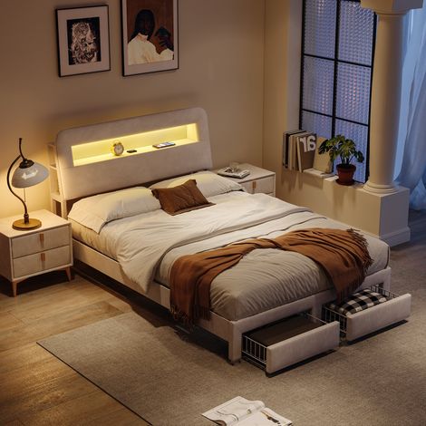 Lit double 140 x 200 cm, avec espace de rangement, tête de lit LED et USB, Lit 140 avec 2 tiroirs, Sommier à lattes, Velours, Beige