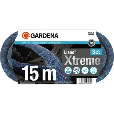 GARDENA Kit tuyau Liano™Xtreme 15m. Kit complet. Tuyau d'arrosage. Léger et très résistant. 13 mm. Pression de rupture 35 bar. Tuyau textile. (18465-20)