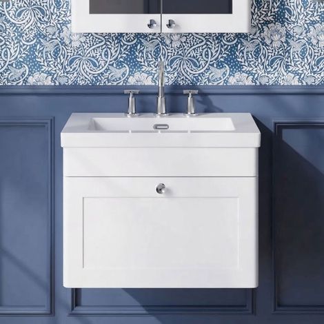 Nuie Classique Wall Hung 1-Drawer Vanity Unit with 3TH Contemporary Basin 600mm Wide - Satin White (1/5)