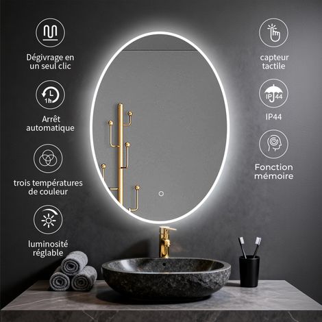 Miroir ovale LED 50x70 cm lumière dimmable 2700 6000 K, zone anti-buée et minuterie 60 min (1/5)