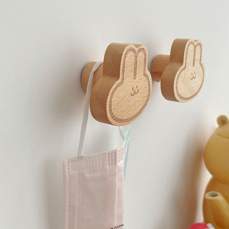 [Rabbit Hook] + [Wood Rabbit Hook] + [Delicate Cute Multifunctional Animal Head Shape] Punching-Free Installation Wall Hook for Home Decoration, Ideal for Hanging Clothes, Hats, Baskets in Bathroom, K (1/5)