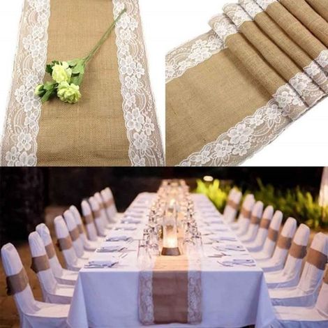 Chemin de table en toile de jute avec dentelle 30 x 275 cm - Rustique - Blanc - 1PCS