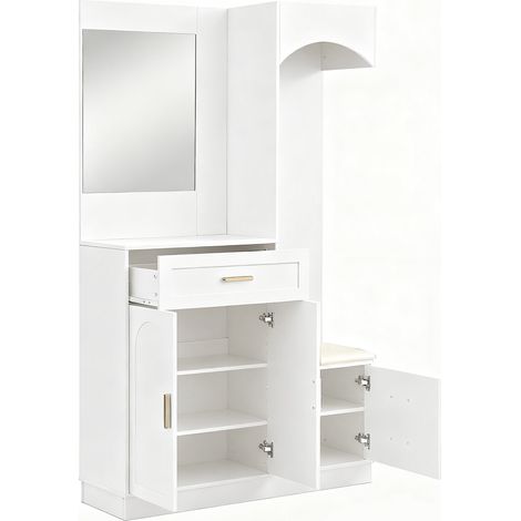 Flurmöbel mit Spiegel, 2 Türen, 2 Schubladen und Verstellbaren Einlegeböden, Modern, aus MDF, Weiß, 110×33×185,5 cm (1/5)