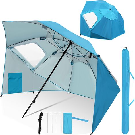 TolleTour Strandschirm 210 cm Sonnenschirm mit UV Schutz 50+, neigbar mit Erdspieß und Tragetasche, wasserabweisender Gartenschirm für Strand, Garten & Balkon – Himmelblau
