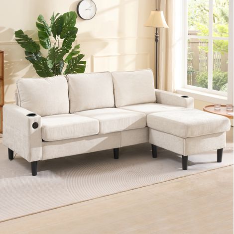 Sofa L-Form mit USB, Typ-C und Hocker Beige Leinen OKMYHOME (1/5)