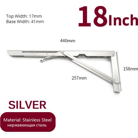 (Argent 45,7 cm - FR) 2 équerres pliantes en acier inoxydable, blanc et noir, support mural triangulaire en fer pour étagère, banc ou table (1/5)