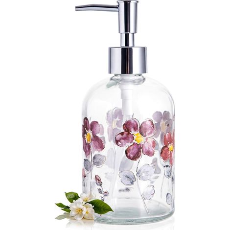 Distributeur de Savon en Verre avec Pompe en Plastique Motif Fleur 500 ML (1/5)