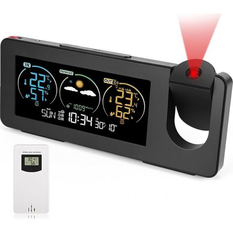 Wireless weather station with outdoor sensor, LCD screen, weather forecast, temperature, alarm clock with snooze function, weather station with projection, for indoor and outdoor use