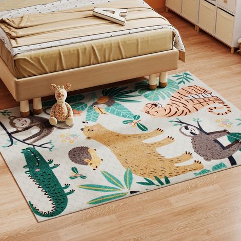 Tapis en polaire avec motif jungle,facile à nettoyer,blanc crème + multicolore-Mi (1/5)