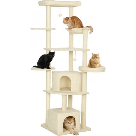 2 Meter hoher Kratzbaum für 2-3 Katzen, Kratzstamm, Höhle, Hängematte, Versteck, mehrstöckig, Sisal, Holz, Plüsch, beige