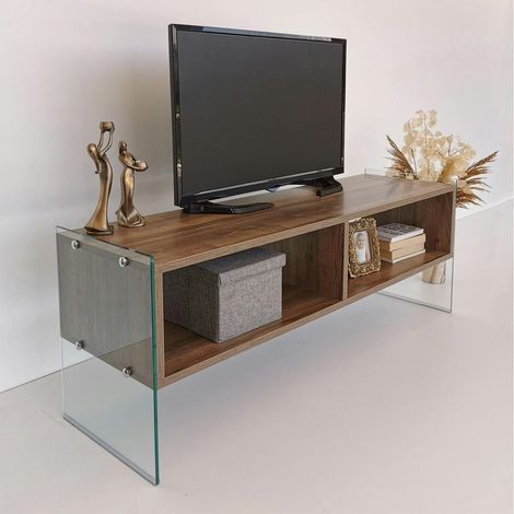 Meuble TV design montants verre et décor noyer SALTA