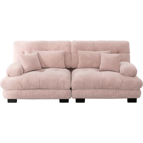 Canapé d'angle en chenille rose avec structure en bois massif, 2 coussins lombaires et 2 coussins décoratifs (1/5)