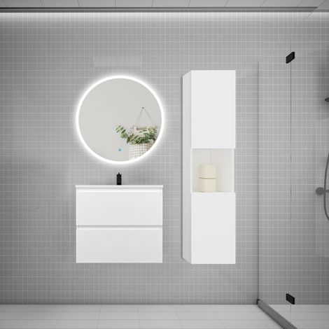 AICA Ensemble meuble vasque L.60cm 2 tiroirs + lavabo + LED miroir rond 70cm + colonne,blanc