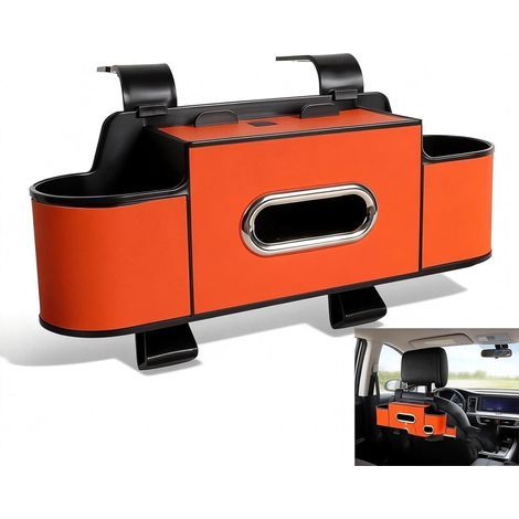Organisateur de siège arrière 3 en 1 avec deux porte-gobelets, une boîte à mouchoirs et un support pour téléphone – étanche et compatible avec la plupart des modèles de voitures (orange). (1/2)