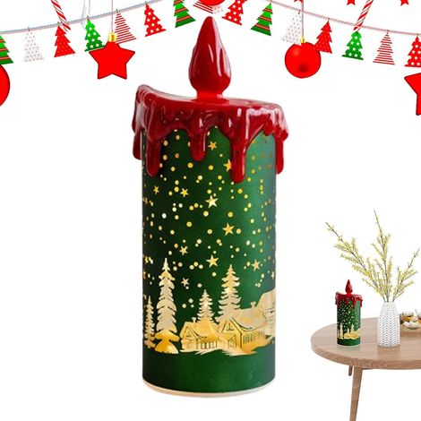 Bougies LED Noël en Verre, Sans Flamme avec Motif Flocon de Neige, Effet Vacillant, Décoration de Table et Intérieur7,5 x 20 cm, Vert (1/5)