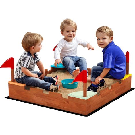 Bac à sable pour enfants de 3 à 7 ans en forme de château avec 4 places assises, en bois de sapin, 90 x 90 x 17 cm, multicolore (1/5)