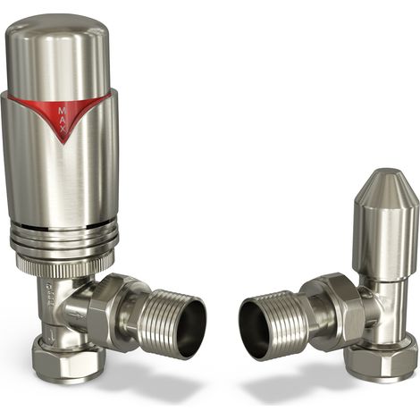 Derry Bold - Silver Nickel Thermostatic Radiator Valve & Lockshield Angled 10mm