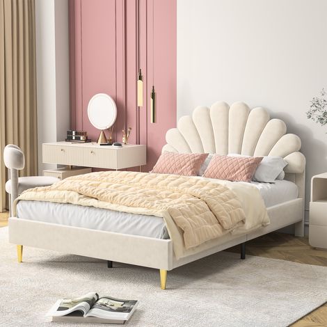 Polsterbett Kinderbett 140x200, Doppelbett mit Kopfteil in Blumenform, Bettgestell mit Lattenrost, Geeignet für Kinder und Jugendliche, Samtstoff, Beige