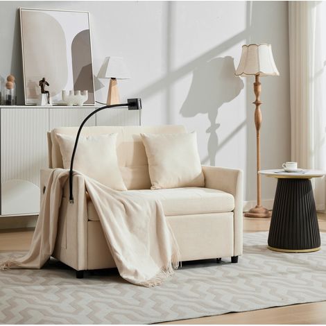 1-Sitzer-Schlafsofa, klappbar, beige Stoff, mit USB-Anschluss und Tablet-Halterung, OKMYHOME (1/5)