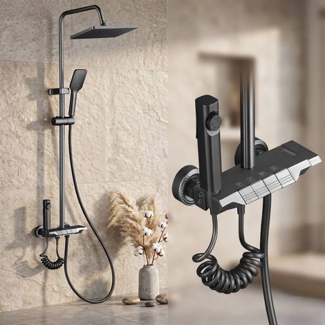 Colonne de douche avec pommeau supérieur/douche à main ABS, 4 modes espace, aluminium, colonne de douche, colonne de douche multifonctionnelle, hauteur réglable, 77-115 cm, noir (1/5)