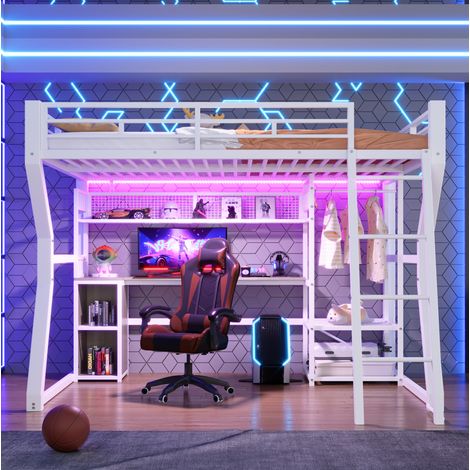 DESVIAE Lit mezzanine 140 x 200 cm avec bureau rangement penderie bande lumineuse prise intégrée métal MDF blanc (1/5)