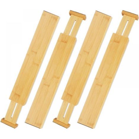 Séparateurs de tiroirs réglables en bambou, ensemble de 4, avec étagères extensibles (43-56 cm), parfaits pour organiser l'espace de rangement à la maison et au bureau. (1/5)