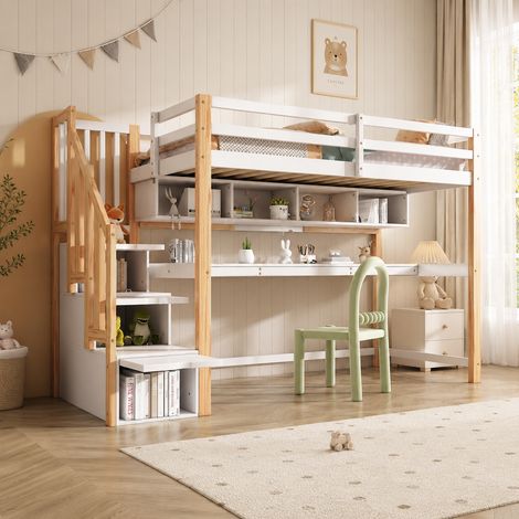 Lit mezzanine enfant 90x200 cm avec bureau intégré et étagères - Structure bois massif - blanc (1/5)