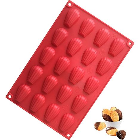 Lot de 2 Moules à Madeleine Mini Coquillage en Silicone - 20 Cavités Antiadhésives - Pour Gâteaux, Chocolat, Biscuits - Rouge (1/5)