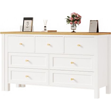 Schreibtisch mit 7-Schubladen Kommode -2-in-1 Drehwerkbank und Sideboard, Eichenoptik, 360° drehbare Tischplatte, weiß / natur, Schreibtisch, Frisiertisch, L-förmiger Eckschreibtisch (1/5)