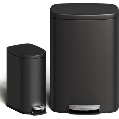 Poubelle cuisine 50L + 10L acier inoxydable à pédale noir (1/5)