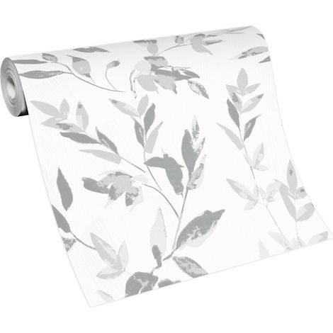BRICOFLOR Papier Peint feuillage gris clair, gris foncé et blanc Papier Peint fleuri gris clair Tapisserie intissée pour salon, chambre & plus (1/5)