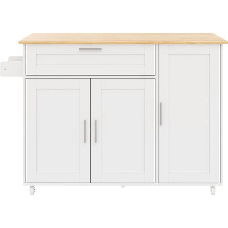 Mobile Kücheninsel aus MDF, weiß, klappbare Platte in Eichenoptik, 132,5 x 44/70 x 90 cm (1/5)