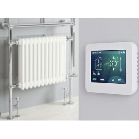Milano Elizabeth 930mm x 790mm Floorstanding Chrome and White Dual Fuel Electric Heated Towel Rail Radiator with Angled Valves - With Touchscreen Wi-Fi Thermostat & Cable Cover (1/5)