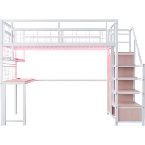 Letto a soppalco in metallo bianco 140 x 200 cm con scrivania, scaffale, scala contenitore e LED (1/5)