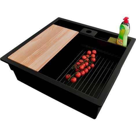PRIMAGRAN Evier Sous Plan 56x54cm,Evier en Granit 1 bac + Kit de Vidage + Accessoires, Évier au meuble 60cm - Bergen Pocket, Tout Noir