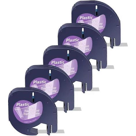 Cinq rouleaux de ruban adhésif transparent imprimé noir A16952, compatible avec les étiquettes Dymo LetraTag 91201 et compatible avec les imprimantes d'étiquettes modèles LT-100T Plus, LT-100H et XM. (1/5)