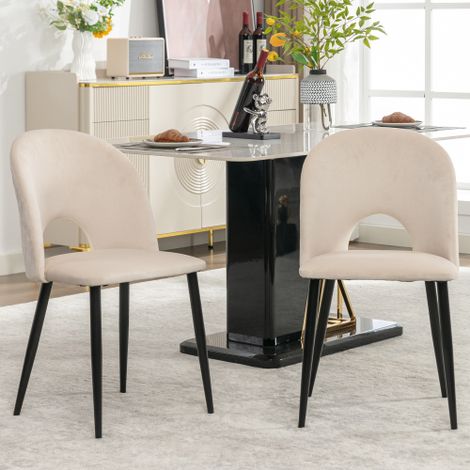 Sedia da pranzo (2 pezzi), sedia di design imbottita con schienale, seduta in velluto, struttura in metallo, piedini regolabili, motivo a rombi sullo schienale, beige