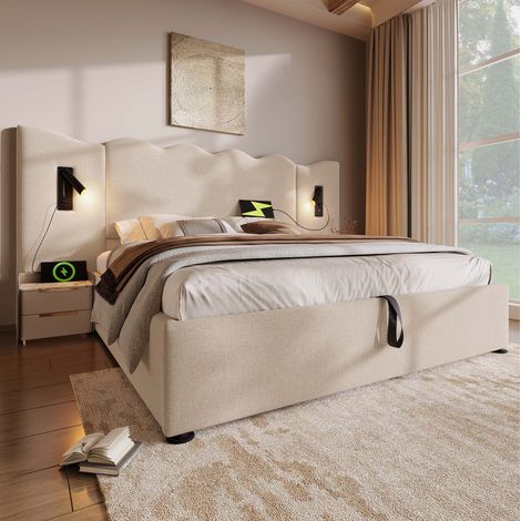 Lit double capitonné moderne 160x200 cm en lin beige avec tête de lit ondulée, coffre hydraulique, lampe et USB-C (1/5)