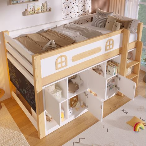 Halbhohes Bett 90x200 cm Weiß/Natur aus Kiefer und MDF mit Kreidetafel, Ablagefächern und Leiter (1/5)