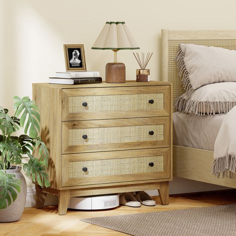 Commode à 3 tiroirs, en bois avec façades en rotin, style Cannage, pour chambre, 80 x 35 x 76 cm, naturel (1/5)