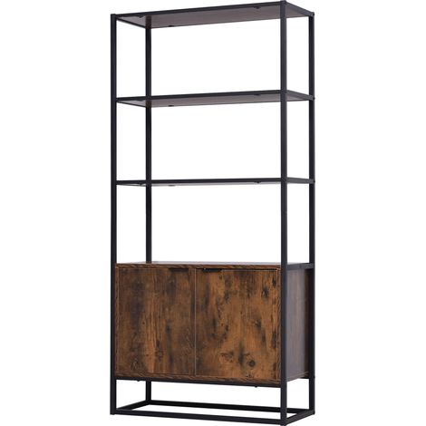 Industrielles Bücherregal mit 3 Regalböden und 2-türigem Schrank, Spanplatte in Antikholzoptik und schwarzer Metalloberfläche (1/5)