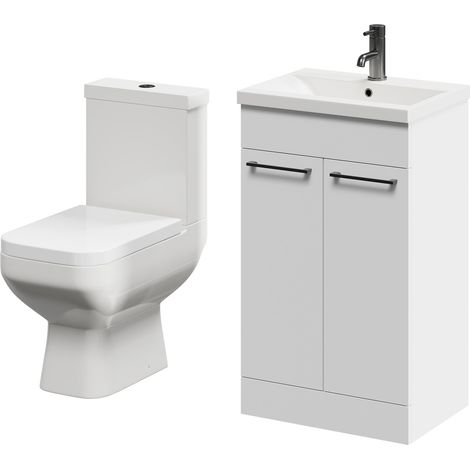 Turin Gloss Grey Pearl 500mm Floor Standing Vanity Unit and Toilet Suite with 1 Tap Hole Basin and 2 Doors with Gunmetal Grey Handles (1/5)