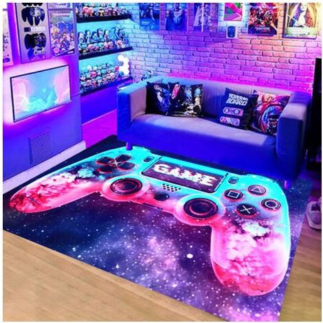 Tapis de chambre à coucher moderne Gamer 3D Controller Adolescent Garçon Tapis de salon antidérapant Graffiti Console de jeu Décor 80 x 120 cm-Neon-Sets-3 (1/5)