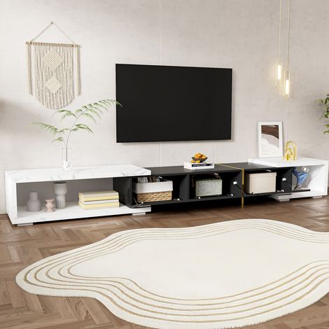 Mueble para TV de MDF y tablero de partículas negro y mármol blanco, longitud ajustable 140,0-260,0 cm, giratorio (1/5)