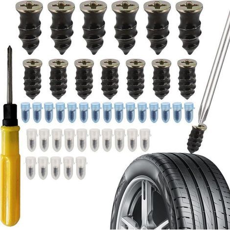 Outil du mécanicien, 30 Clous en Caoutchouc pour réparation de Pneu de Voiture et Moto,avec Tournevis, Clous en Caoutchouc de Pneu sous Vide, Clou Reparation Pneu Convient aux Voitures, Motos(15 S+15 (1/4)
