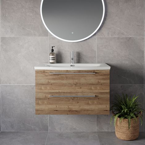 Napoli 390 Tobacco Oak 800mm Wall Mounted 2 Drawer Vanity Unit with Arc Basin - 800mm - Chrome 480mm Handle