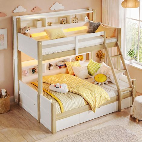 Kinder-Etagenbett 90x200 cm + 140x200 cm aus Kiefer mit LED, Leiter, Schublade und Stauraum (1/5)
