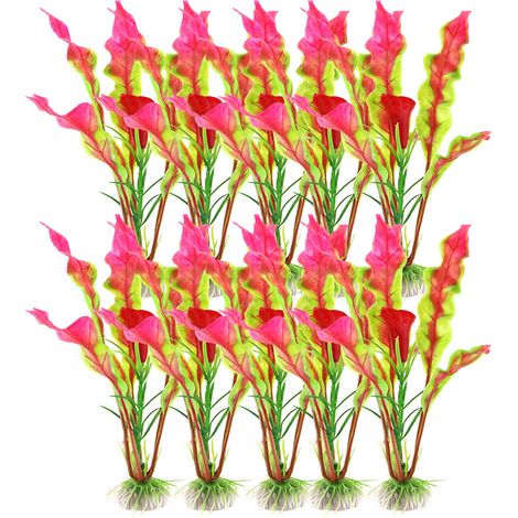 10 plantes artificielles pour aquarium, en plastique PVC, 20 x 3,5 cm, rouges et vertes, avec socle céramique (1/5)
