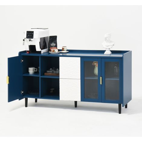 Buffet und Anrichte mit 2 Schubladen, 2 Offenen Fächern und 2 Glastüren, Modern, aus MDF, Blau (1/5)